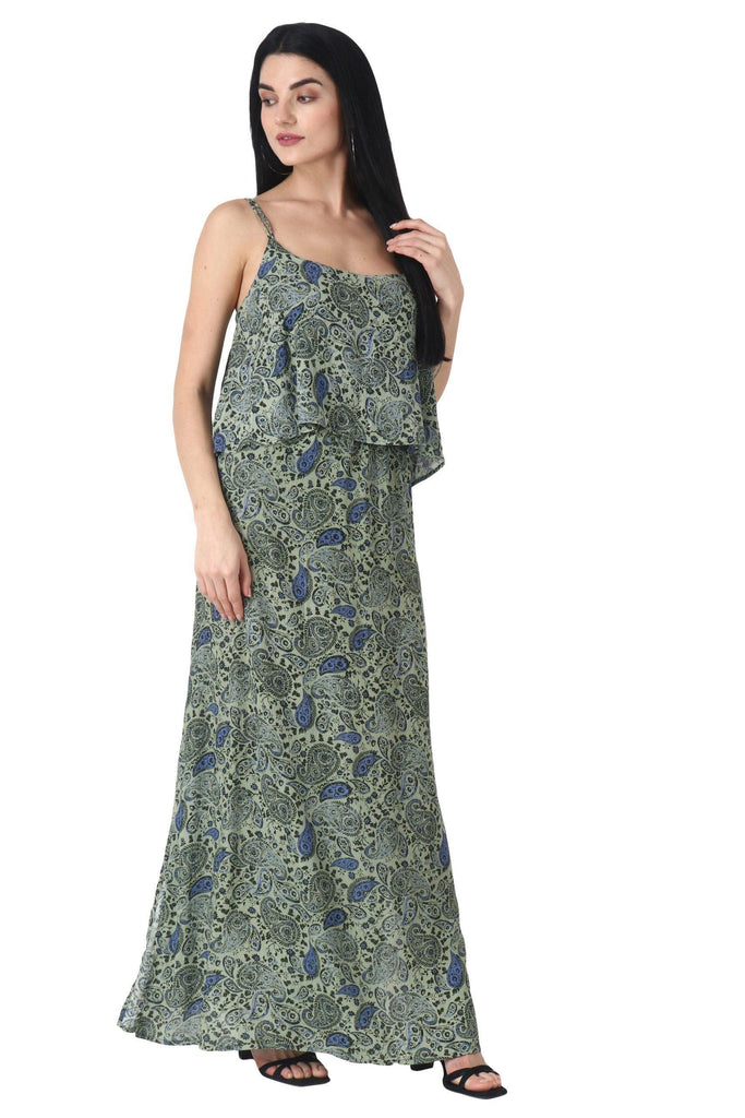 Model wearing Viscose Crepe Maxi Dress with Pattern type: Paisley-3