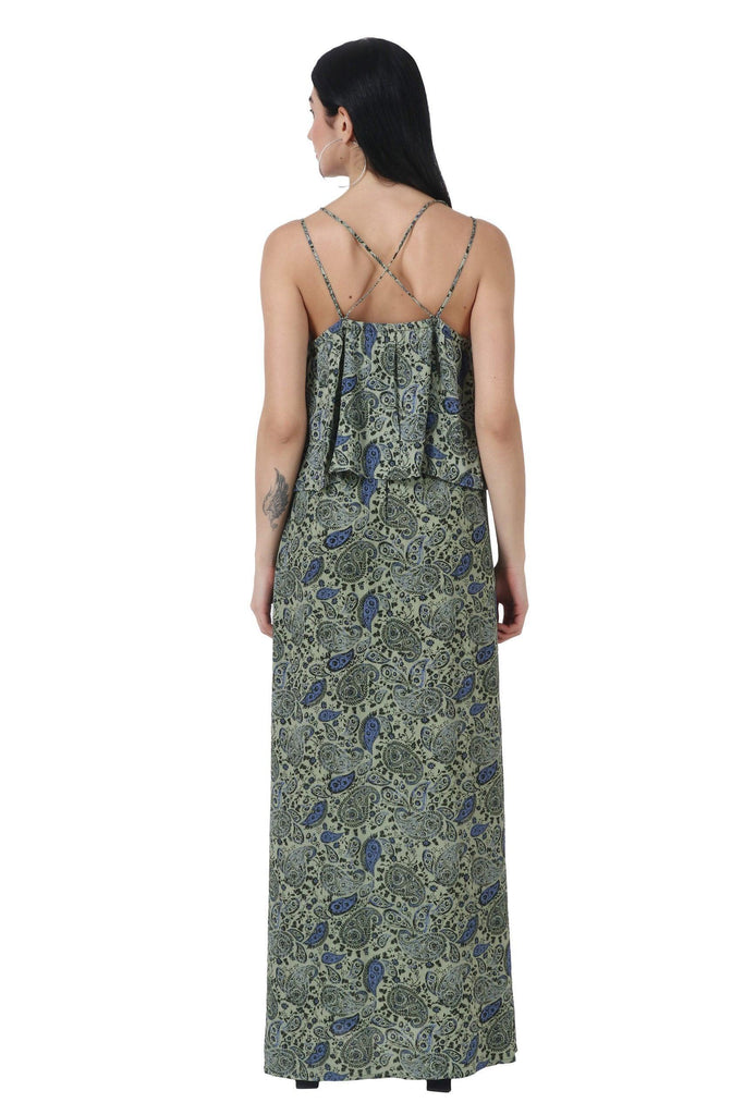 Model wearing Viscose Crepe Maxi Dress with Pattern type: Paisley-5