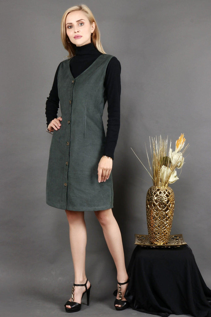 Model wearing Corduroy Mini Dress with Pattern type: Solid-3