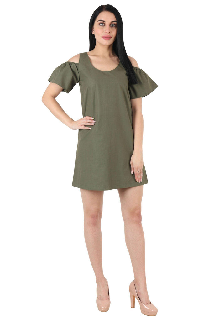 Model wearing Cotton Poplin Mini Dress with Pattern type: Solid-1