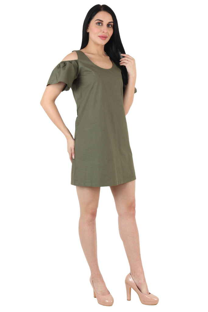 Model wearing Cotton Poplin Mini Dress with Pattern type: Solid-4