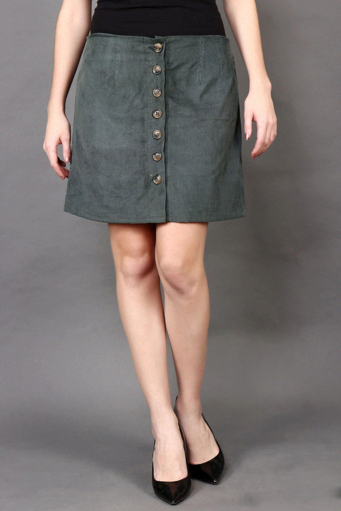 Model wearing Corduroy Mini Skirt with Pattern type: Solid-1