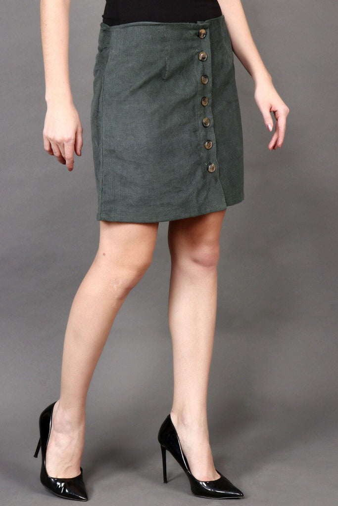 Model wearing Corduroy Mini Skirt with Pattern type: Solid-6