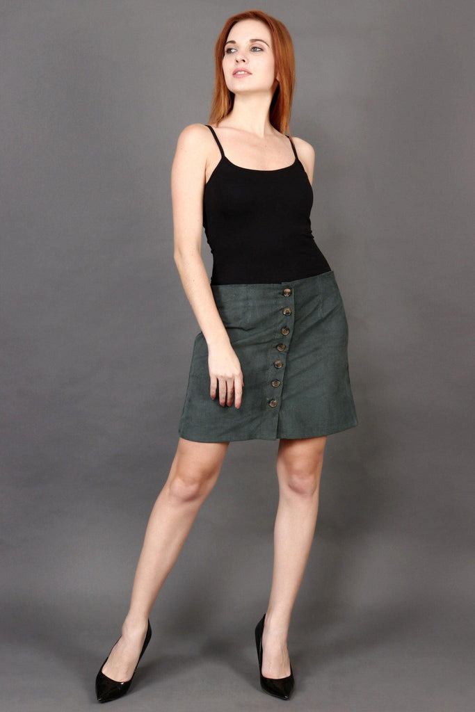 Model wearing Corduroy Mini Skirt with Pattern type: Solid-7