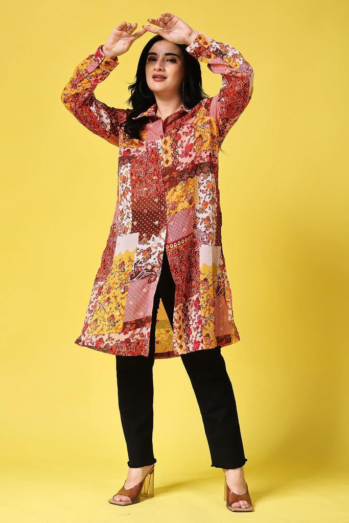 Model wearing Polyster Georgette Kurti with Pattern type: Abstract-2