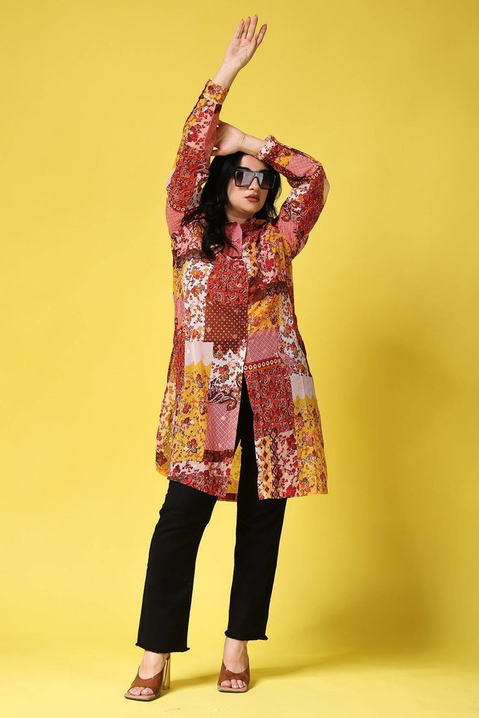 Model wearing Polyster Georgette Kurti with Pattern type: Abstract-6