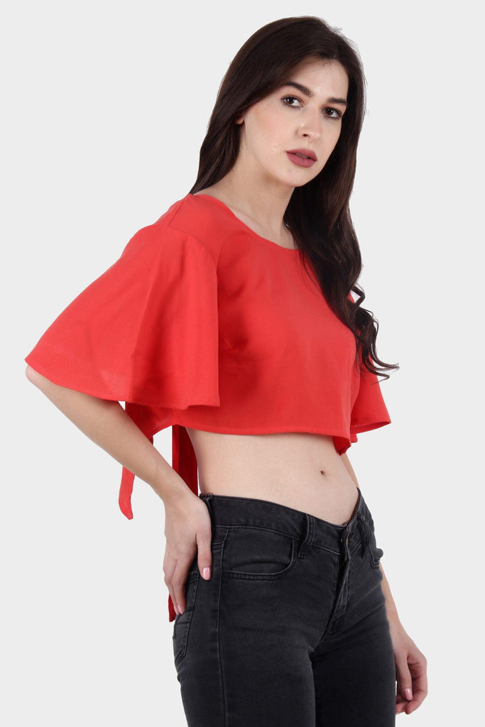 Model wearing Polyester Crop Top with Pattern type: Solid-3