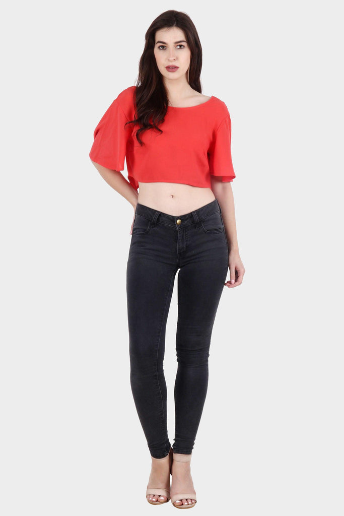 Model wearing Polyester Crop Top with Pattern type: Solid-6