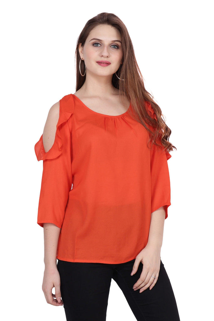 Model wearing Poly Crepe Top with Pattern type: Solid-1