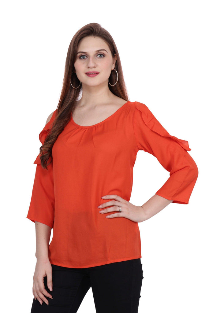 Model wearing Poly Crepe Top with Pattern type: Solid-4