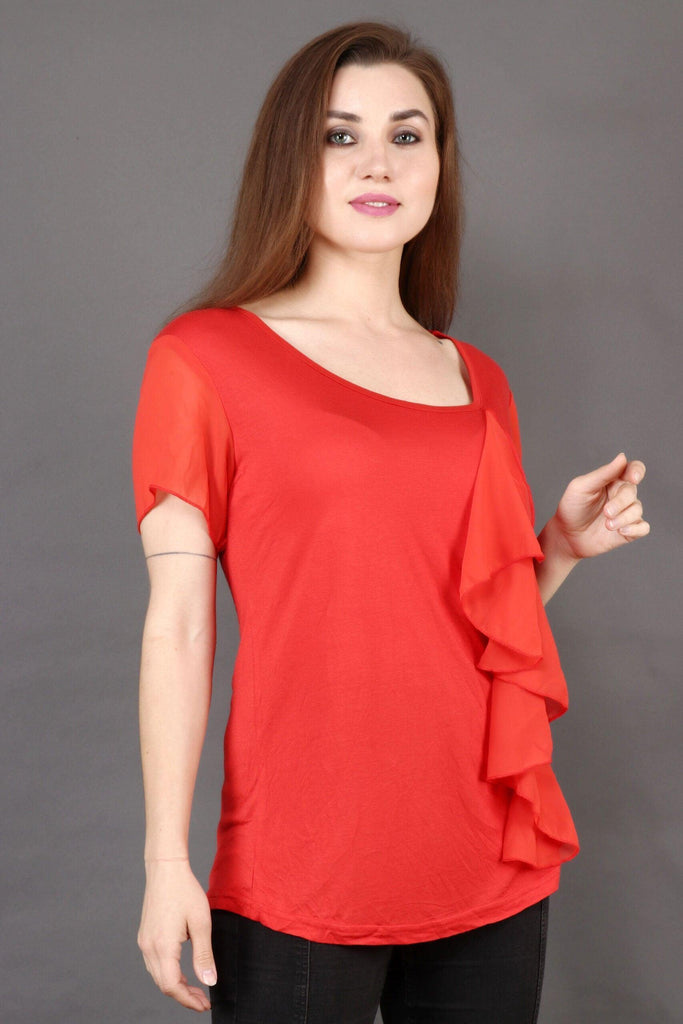 Model wearing Viscose Lycra Top with Pattern type: Solid-1