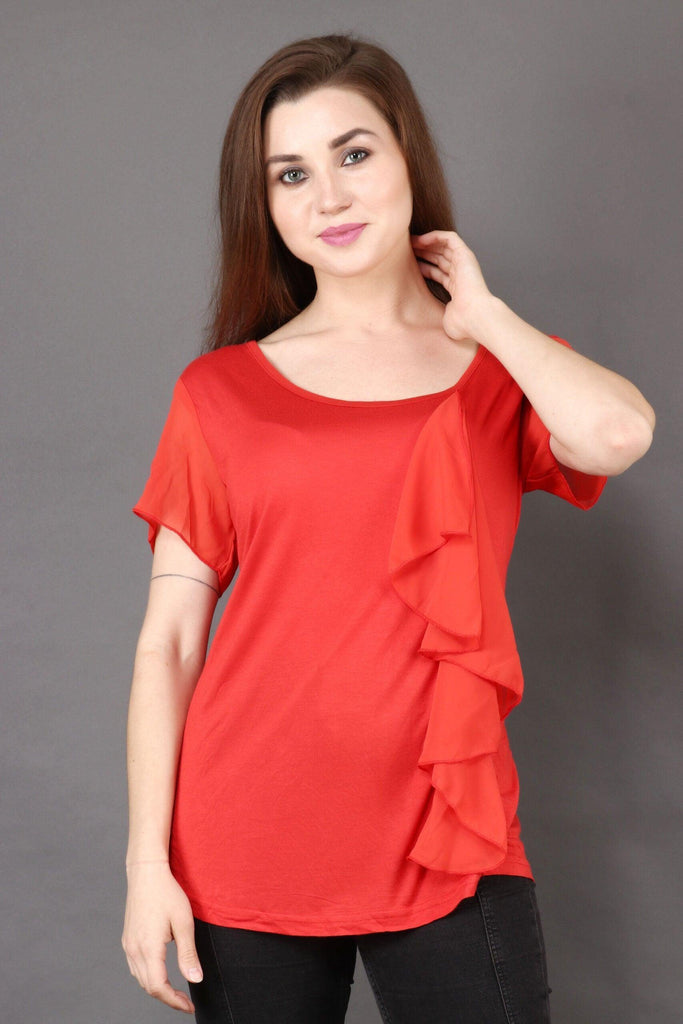 Model wearing Viscose Lycra Top with Pattern type: Solid-3