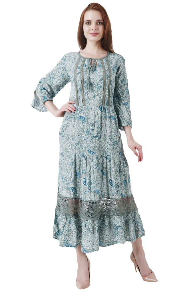 Model wearing Viscose Crepe Maxi Dress with Pattern type: Paisley-11