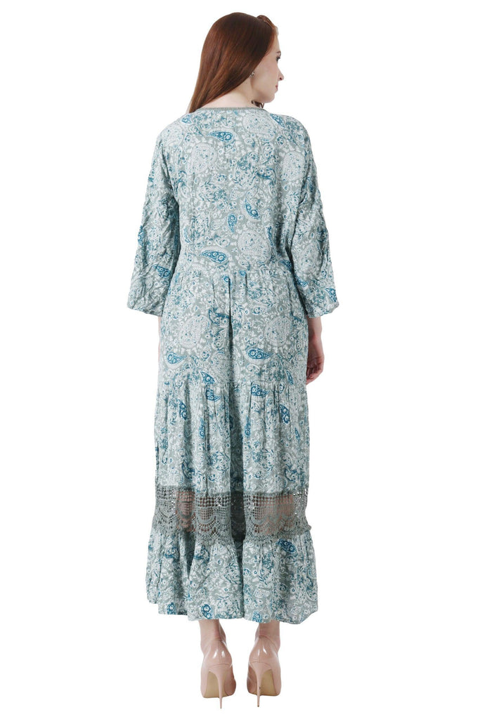 Model wearing Viscose Crepe Maxi Dress with Pattern type: Paisley-12