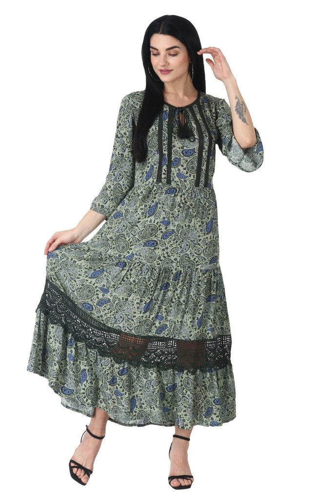 Model wearing Viscose Crepe Maxi Dress with Pattern type: Paisley-13