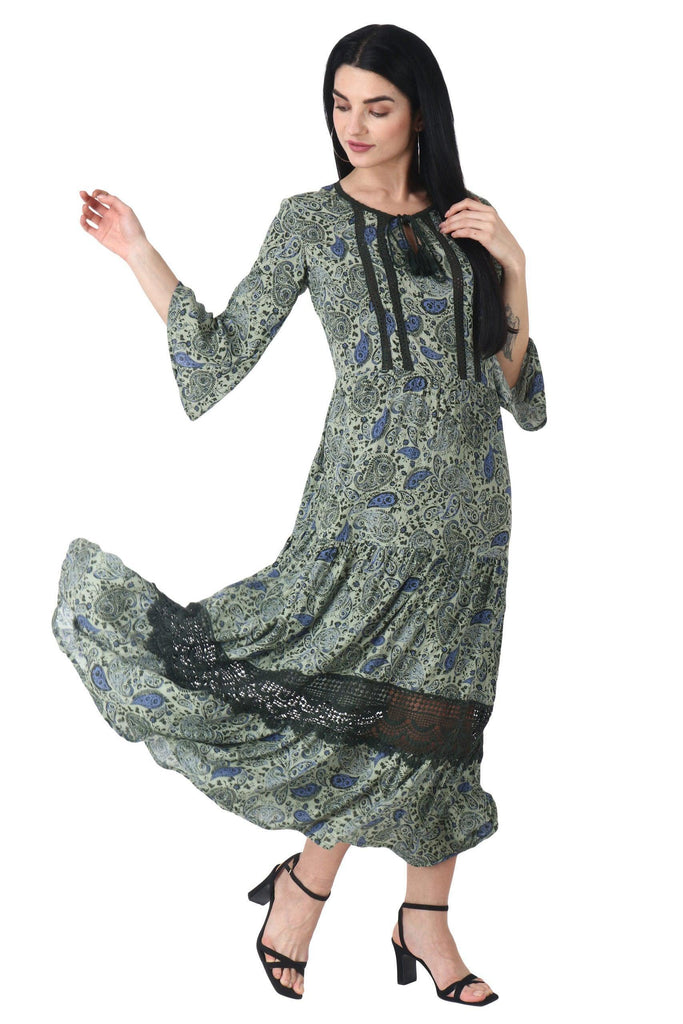 Model wearing Viscose Crepe Maxi Dress with Pattern type: Paisley-16