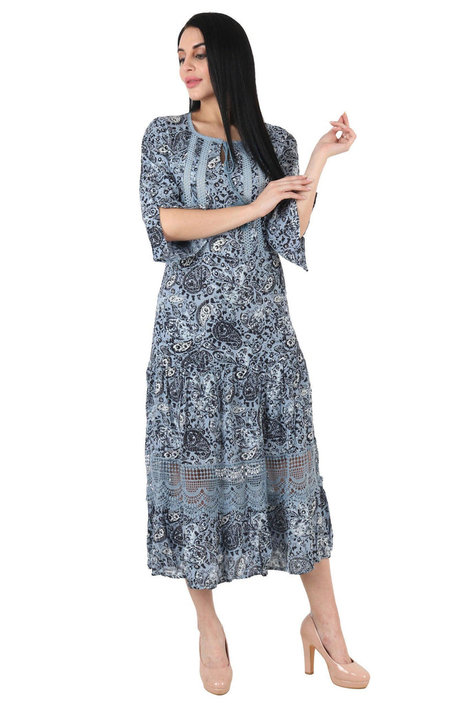 Model wearing Viscose Crepe Maxi Dress with Pattern type: Paisley-1