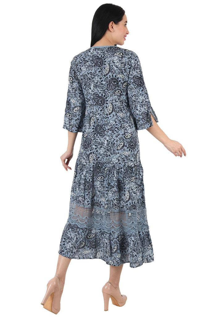 Model wearing Viscose Crepe Maxi Dress with Pattern type: Paisley-2