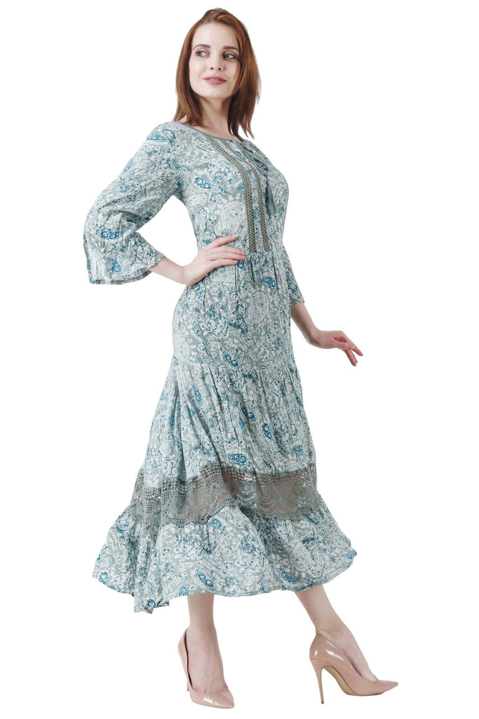 Model wearing Viscose Crepe Maxi Dress with Pattern type: Paisley-7