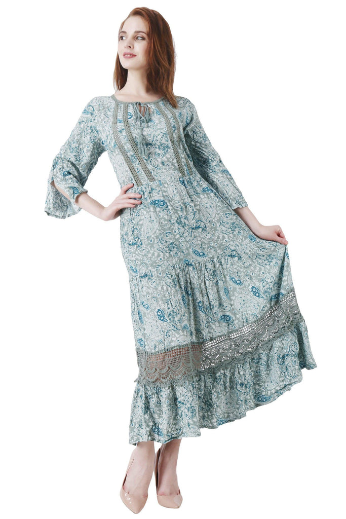 Model wearing Viscose Crepe Maxi Dress with Pattern type: Paisley-9