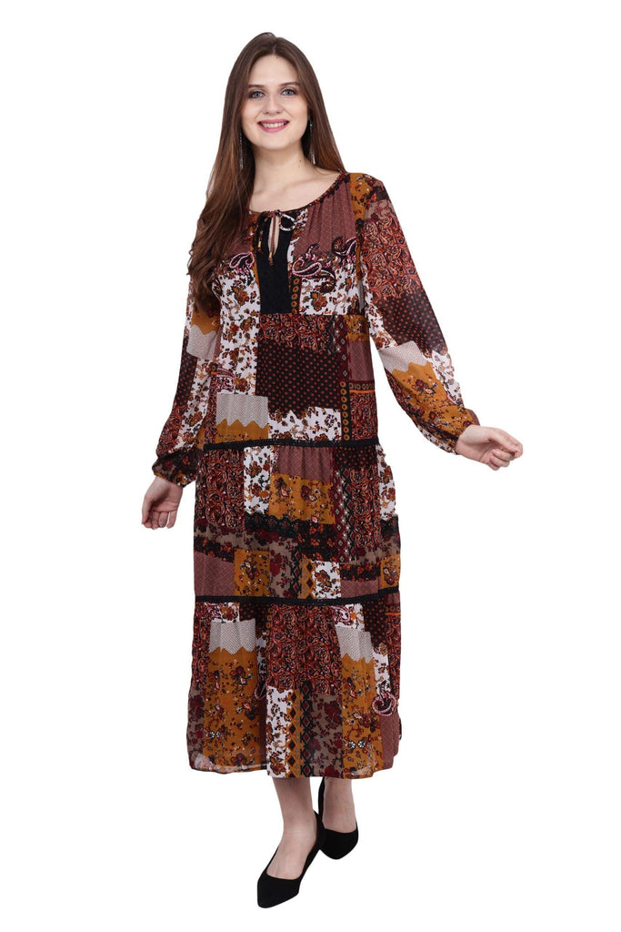 Model wearing Polyster Georgette Maxi Dress with Pattern type: Patch-1