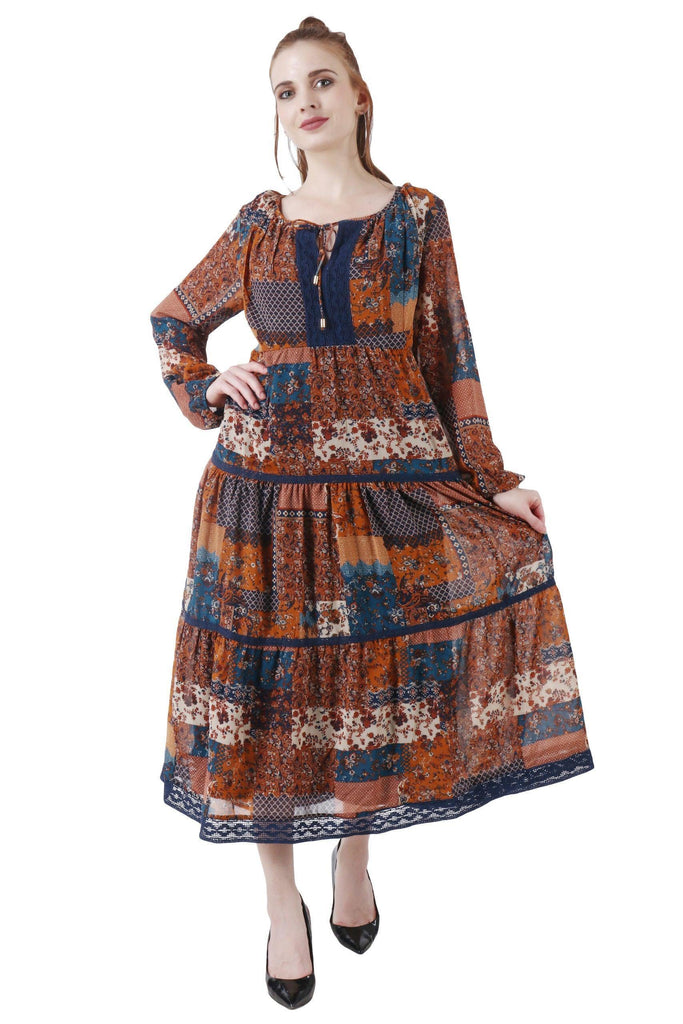 Model wearing Polyster Georgette Maxi Dress with Pattern type: Patch-6