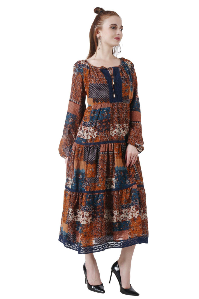 Model wearing Polyster Georgette Maxi Dress with Pattern type: Patch-8