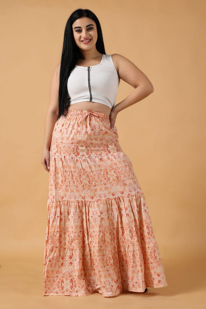 Model wearing Cotton Maxi Skirt with Pattern type: Floral-Leaf-3