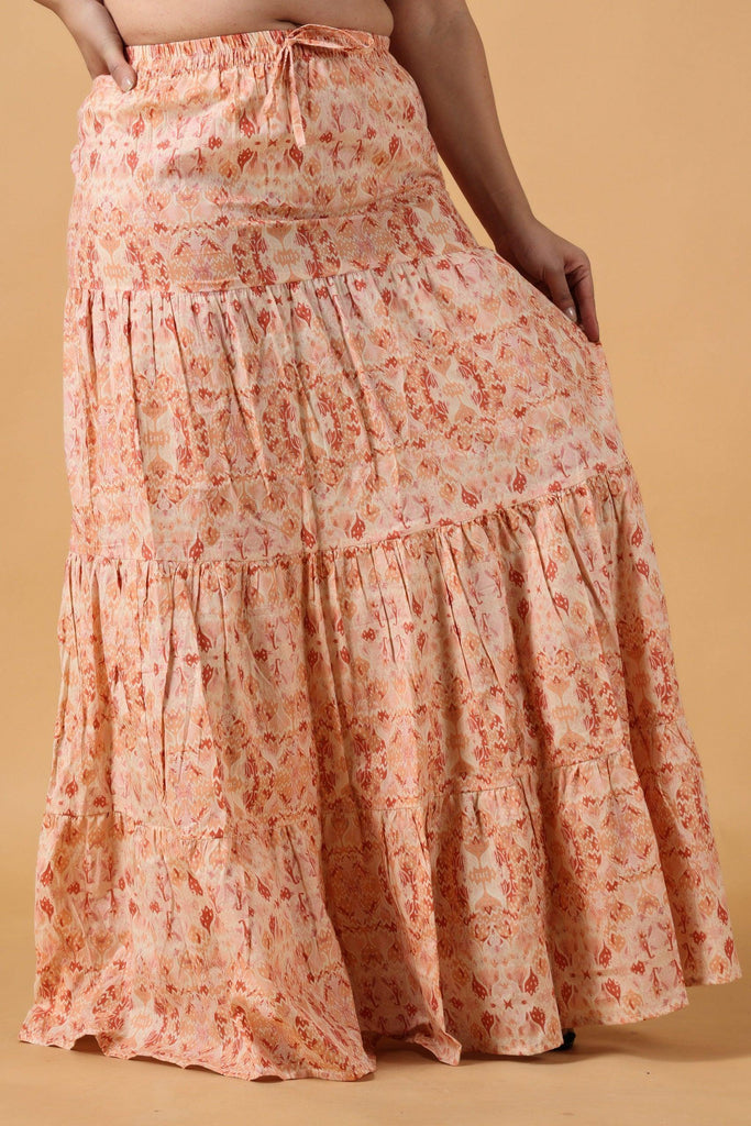 Model wearing Cotton Maxi Skirt with Pattern type: Floral-Leaf-5