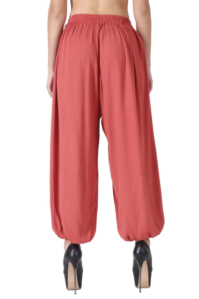Model wearing Viscose Crepe Harem Pants with Pattern type: Solid-3