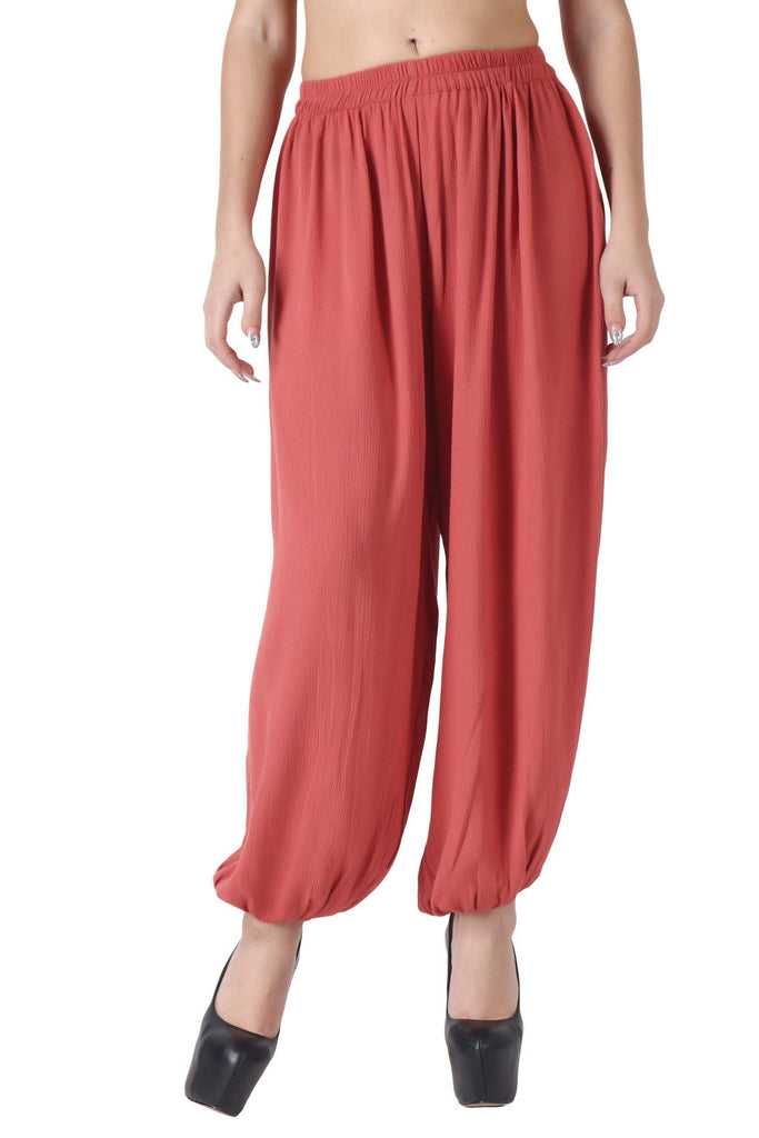 Model wearing Viscose Crepe Harem Pants with Pattern type: Solid-5