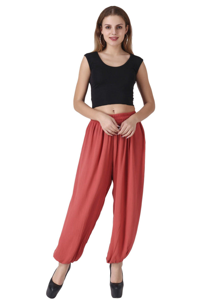 Model wearing Viscose Crepe Harem Pants with Pattern type: Solid-7