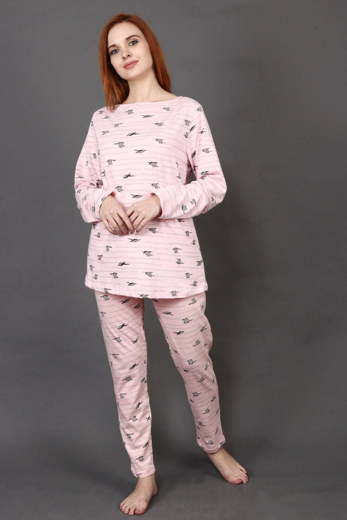 Model wearing Cotton Night Suit Set with Pattern type: Penguin-3