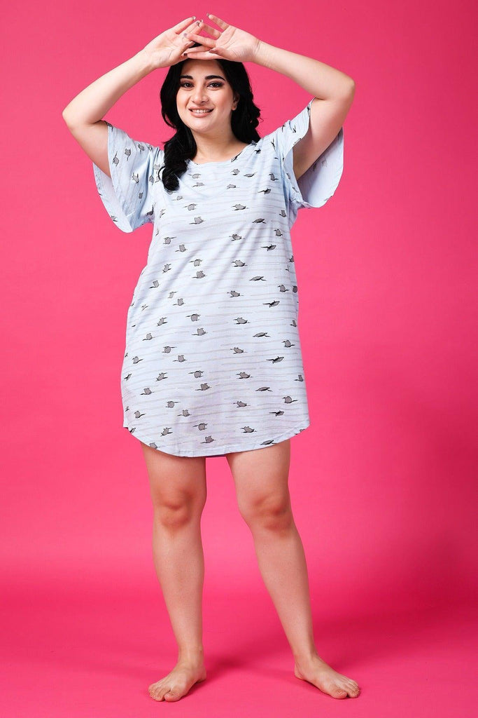 Model wearing Cotton Blended Mini Night Dress with Pattern type: Penguin-14