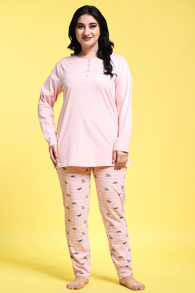Model wearing Cotton Night Suit Set with Pattern type: Penguin-1