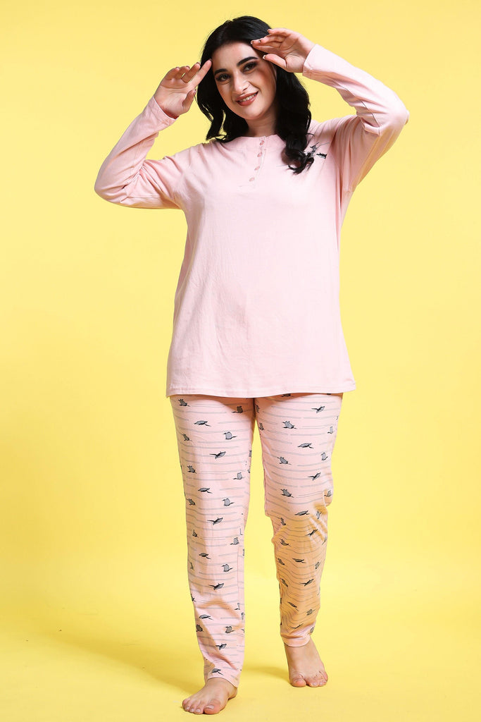 Model wearing Cotton Night Suit Set with Pattern type: Penguin-2