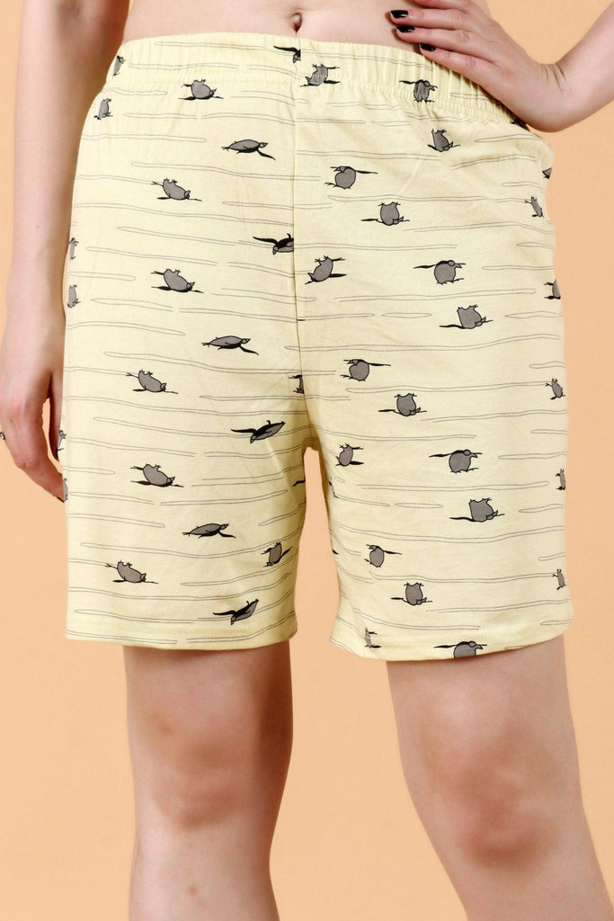 Model wearing Cotton Shorts with Pattern type: Penguin-1