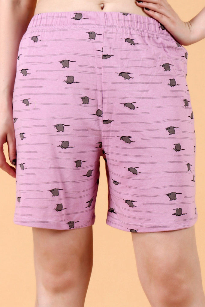 Model wearing Cotton Shorts with Pattern type: Penguin-3