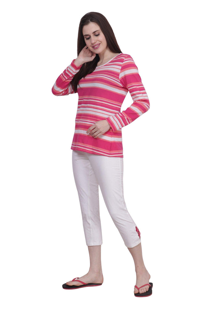 Model wearing Cotton Night Suit Set with Pattern type: Striped-2