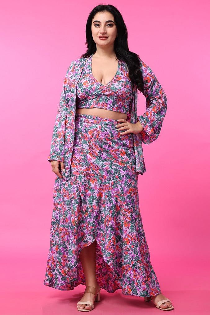 Model wearing Poly Crepe Co-ord Set with Pattern type: Floral-3