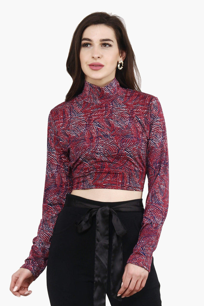Model wearing Poly Lycra Crop Top with Pattern type: Graphic-5