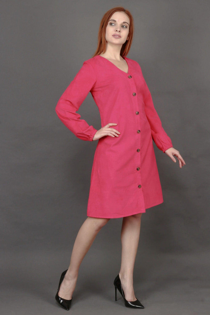 Model wearing Corduroy Mini Dress with Pattern type: Solid-3