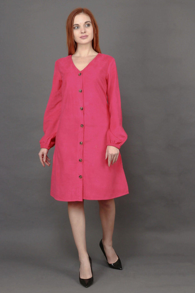 Model wearing Corduroy Mini Dress with Pattern type: Solid-6