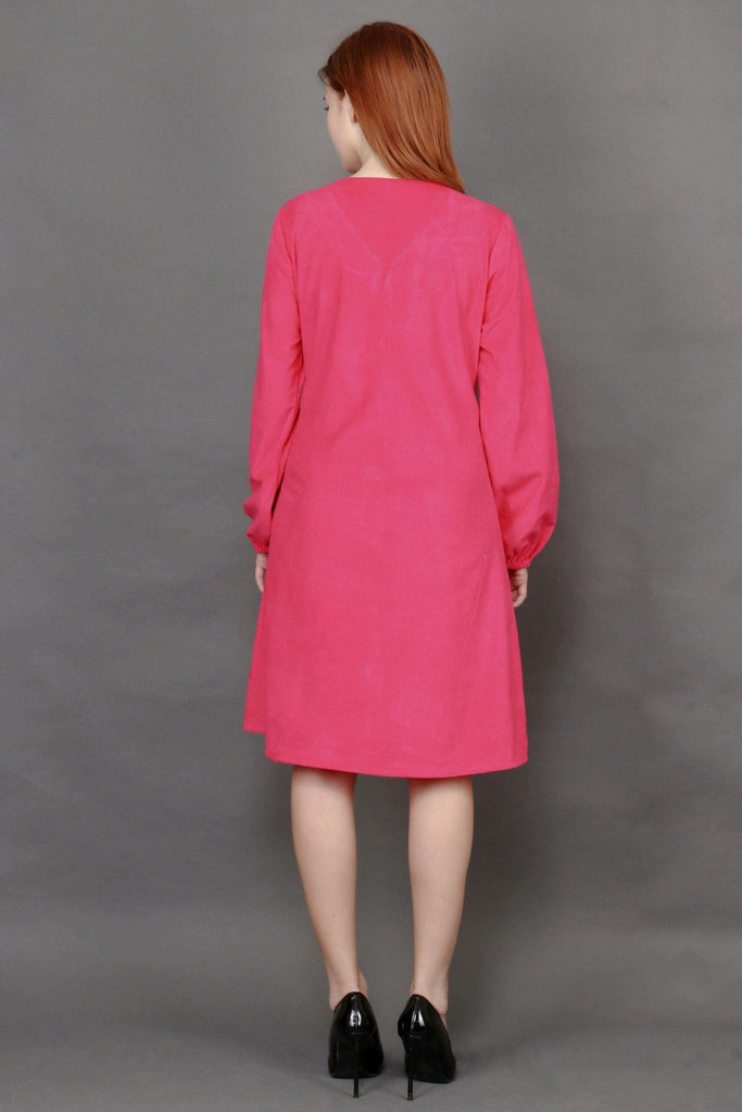 Model wearing Corduroy Mini Dress with Pattern type: Solid-7