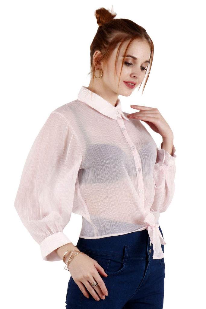 Model wearing Polyster Chiffon Shirt with Pattern type: Solid-1