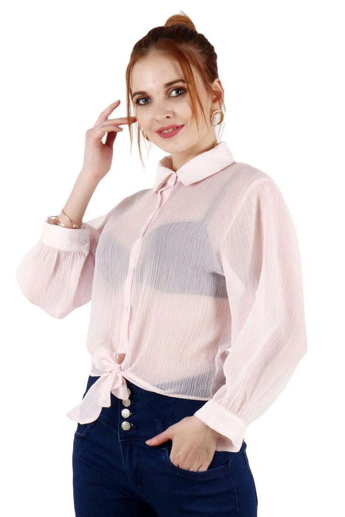 Model wearing Polyster Chiffon Shirt with Pattern type: Solid-4