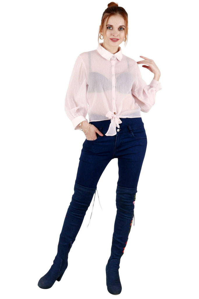 Model wearing Polyster Chiffon Shirt with Pattern type: Solid-5