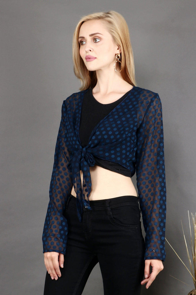 Model wearing Polyster Georgette Shrug with Pattern type: Polka Dots-3