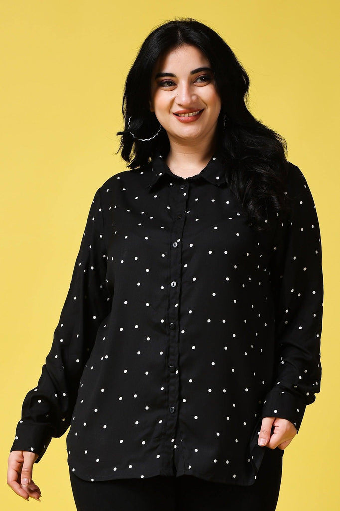Model wearing Poly Crepe Shirt with Pattern type: Polka Dots-14