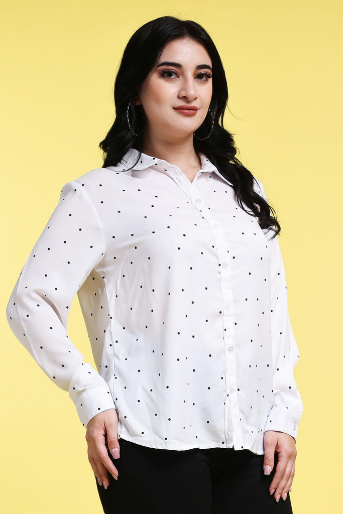 Model wearing Poly Crepe Shirt with Pattern type: Polka Dots-3